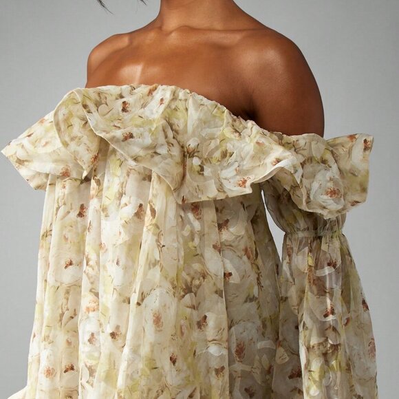 Yellow Boho Women's Chiffon Off Shoulder Floral Ruffle Bell Sleeve Mini Dress - Picture 5 of 6